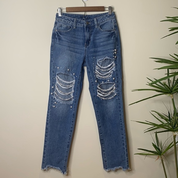 Forever 21 | Blue Denim Pearl Detail Distressed Western Bridal Wedding Jeans S - Picture 1 of 17